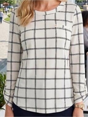 Windowpane Plaid Long-Sleeve Blouse - Cream/Black
